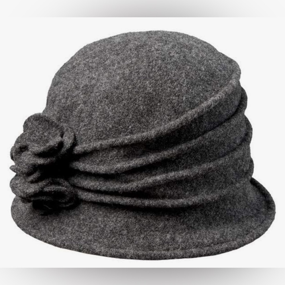 Lawliet NWT Packable Classic Boiled Wool Grey Cloche Rosette Accents